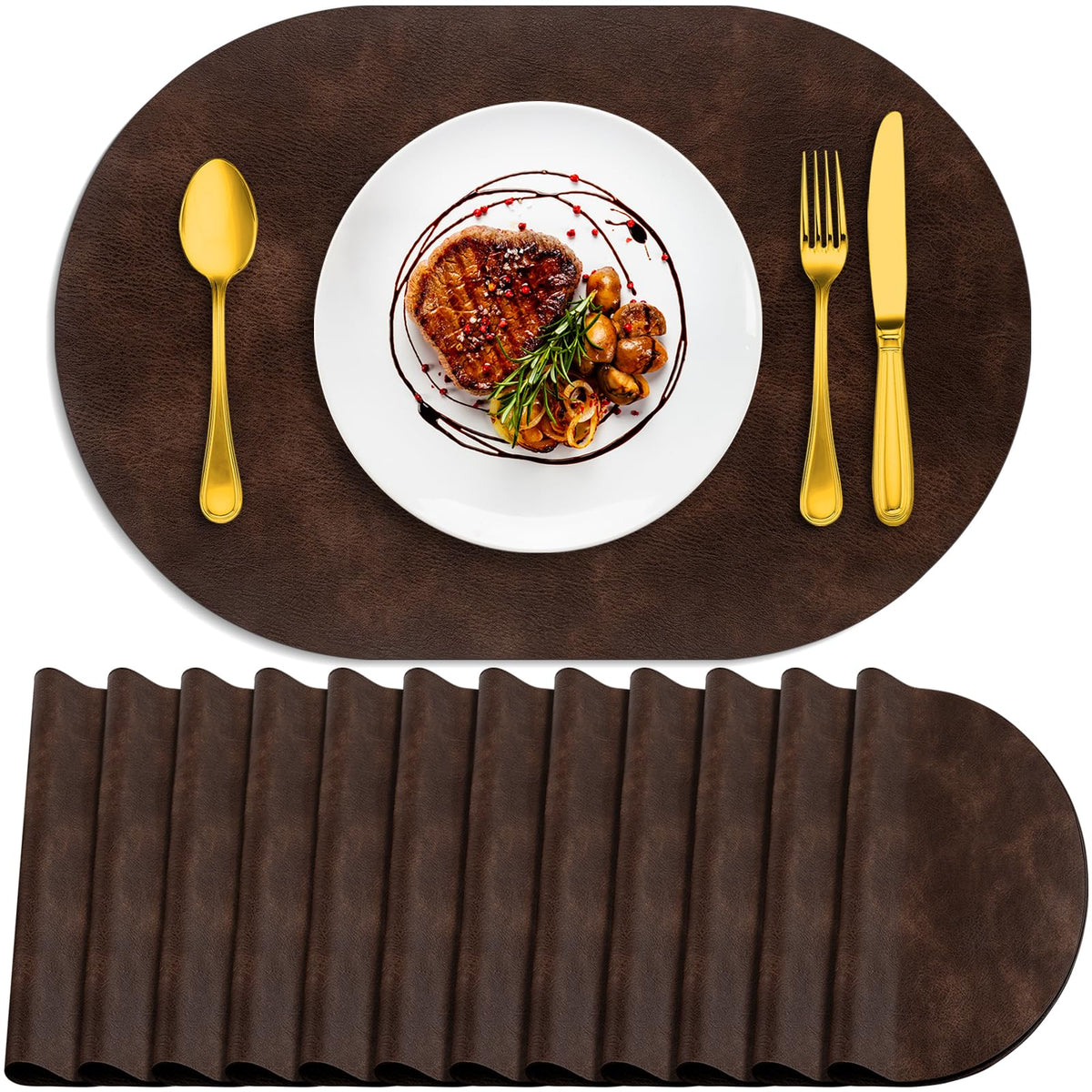 ADRIMER Oval Placemats Set of 4, Wipeable Faux Leather, 4 Colors