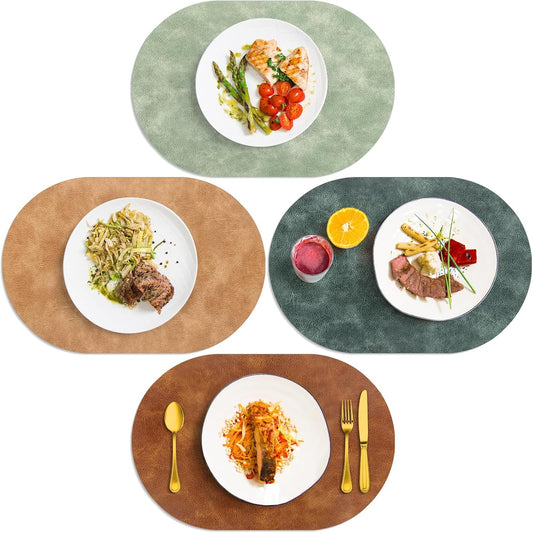 ADRIMER Oval Placemats Set of 4, Wipeable Faux Leather, 4 Colors