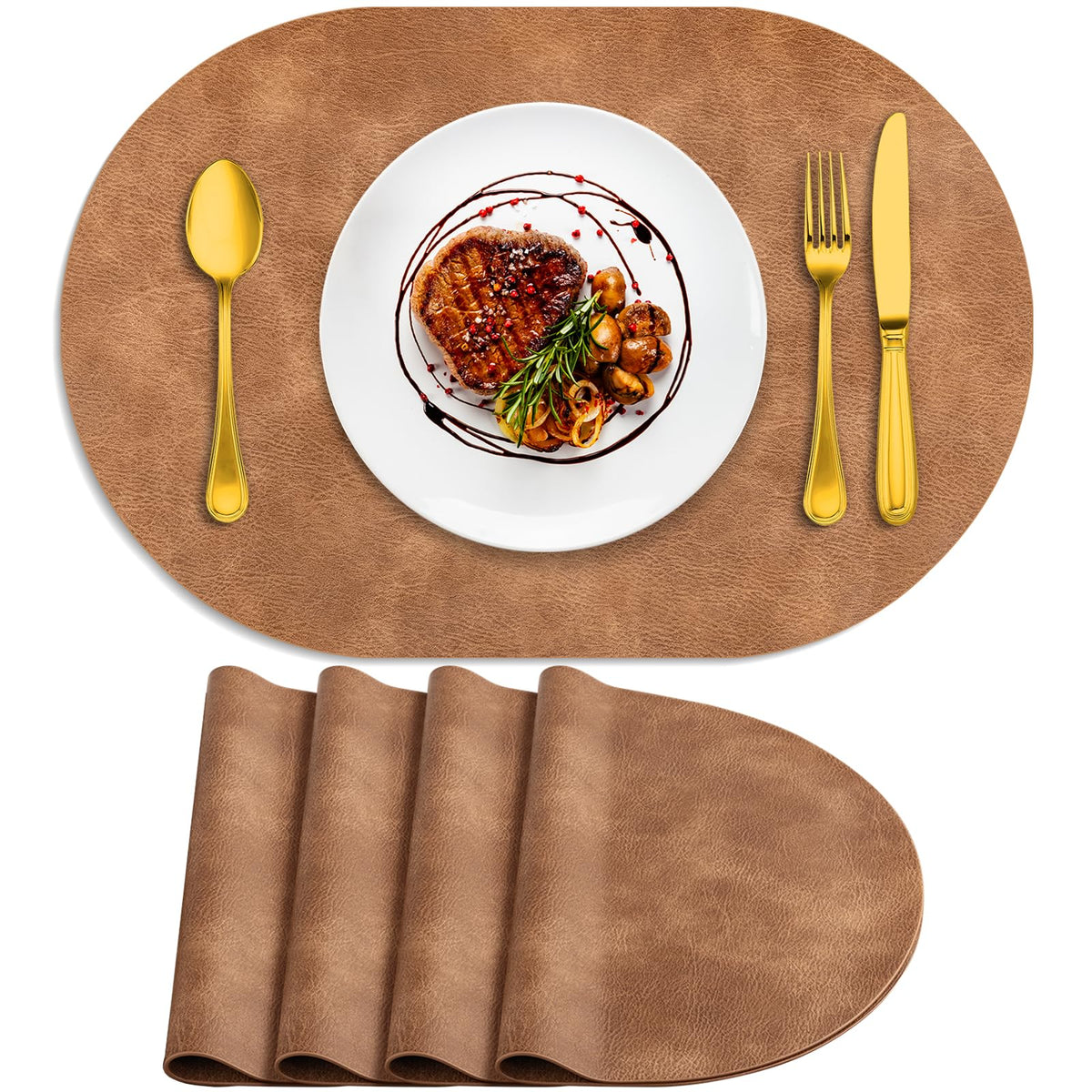 ADRIMER Oval Placemats Set of 4, Wipeable Faux Leather, 4 Colors