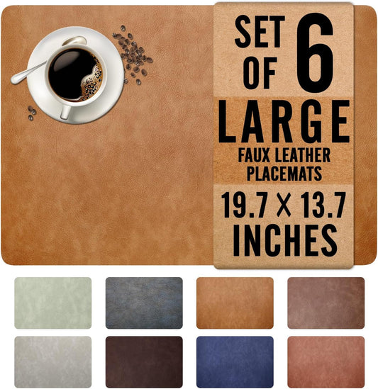 UnivoColors Washed Cowhide Pattern Faux Leather Big Size Placemats Set of 6, Waterproof Easy to Clean Anti-Slip PU Table Mats for Party Decoration19.7″×13.6″,Camel Retro Cowhide Pattern