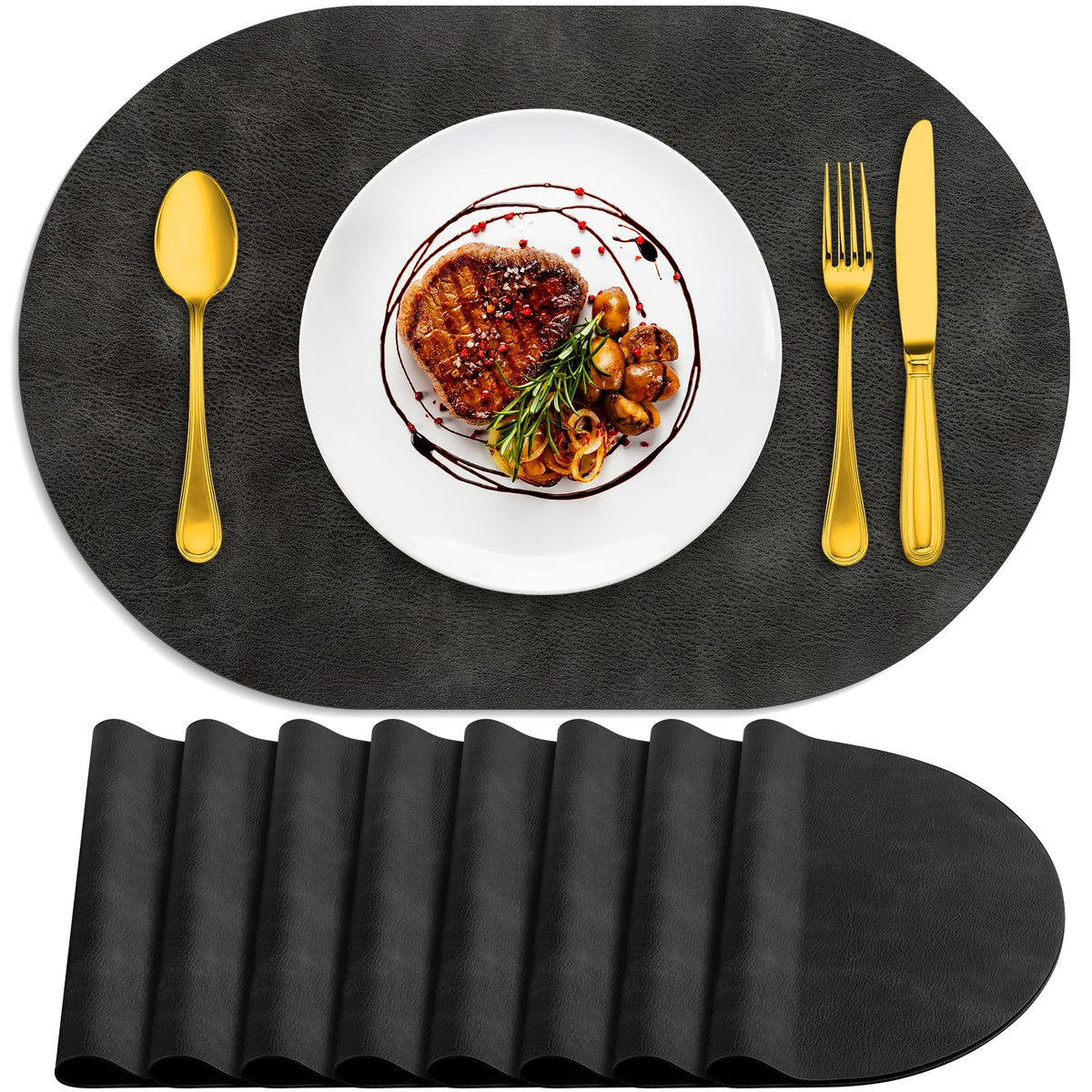 ADRIMER Oval Placemats Set of 4, Wipeable Faux Leather, 4 Colors