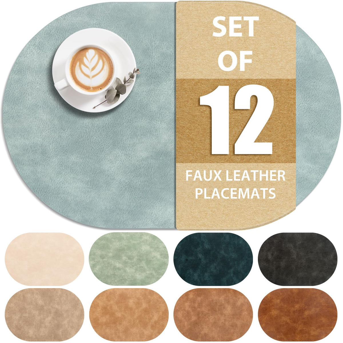 ADRIMER Oval Placemats Set of 4, Wipeable Faux Leather, 4 Colors