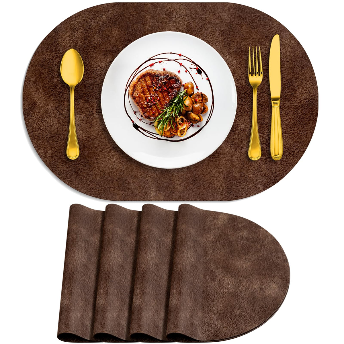 ADRIMER Oval Placemats Set of 4, Wipeable Faux Leather, 4 Colors