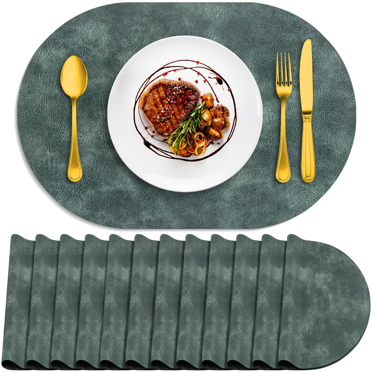 ADRIMER Oval Placemats Set of 4, Wipeable Faux Leather, 4 Colors