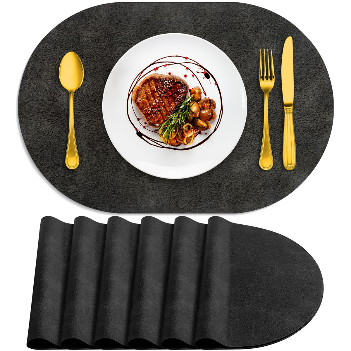 ADRIMER Oval Placemats Set of 4, Wipeable Faux Leather, 4 Colors