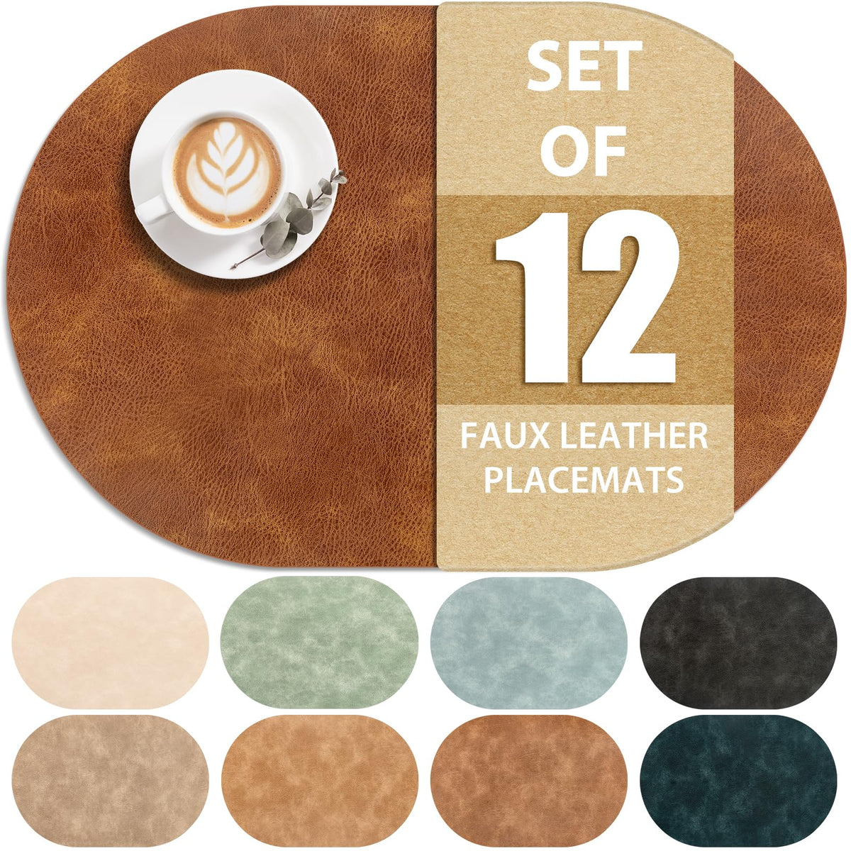 ADRIMER Oval Placemats Set of 4, Wipeable Faux Leather, 4 Colors