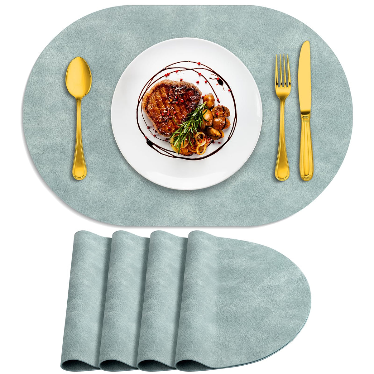ADRIMER Oval Placemats Set of 4, Wipeable Faux Leather, 4 Colors