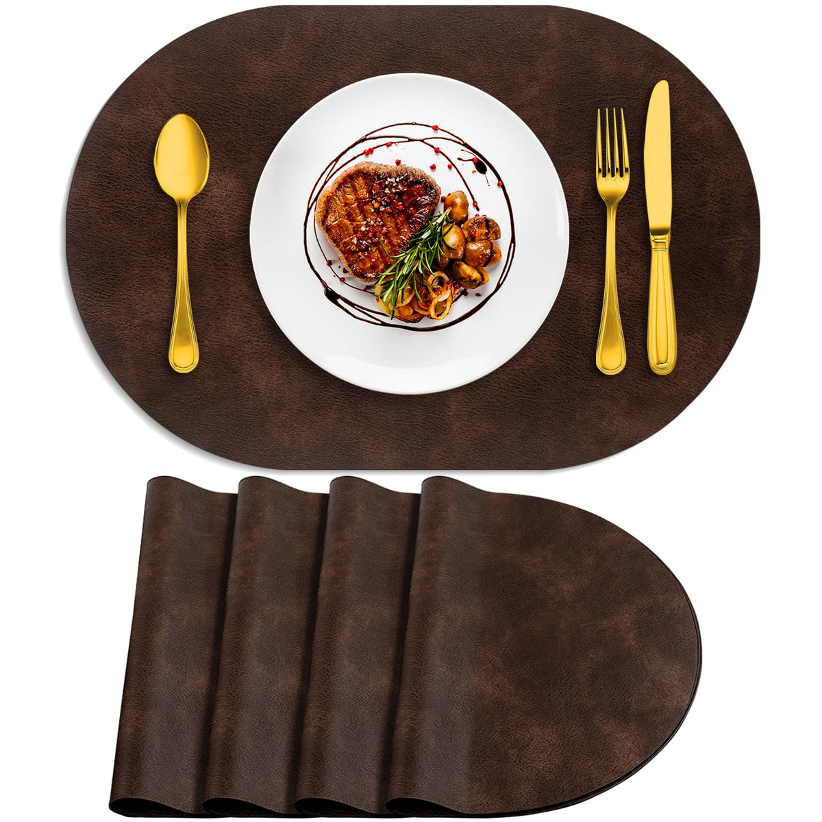 ADRIMER Oval Placemats Set of 4, Wipeable Faux Leather, 4 Colors