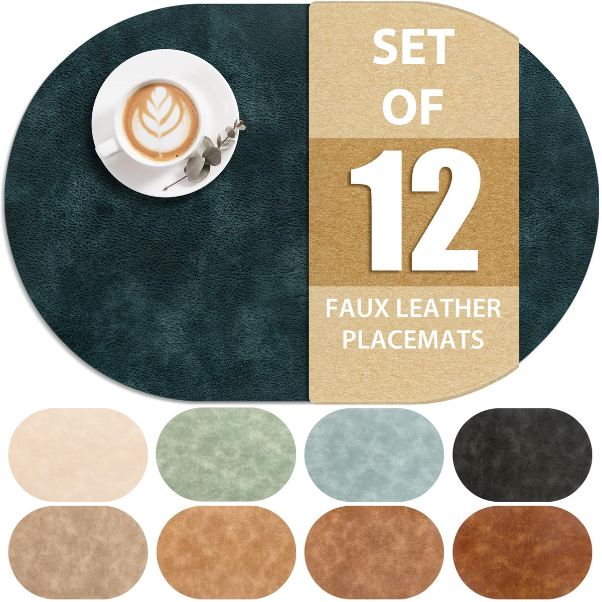 ADRIMER Oval Placemats Set of 4, Wipeable Faux Leather, 4 Colors