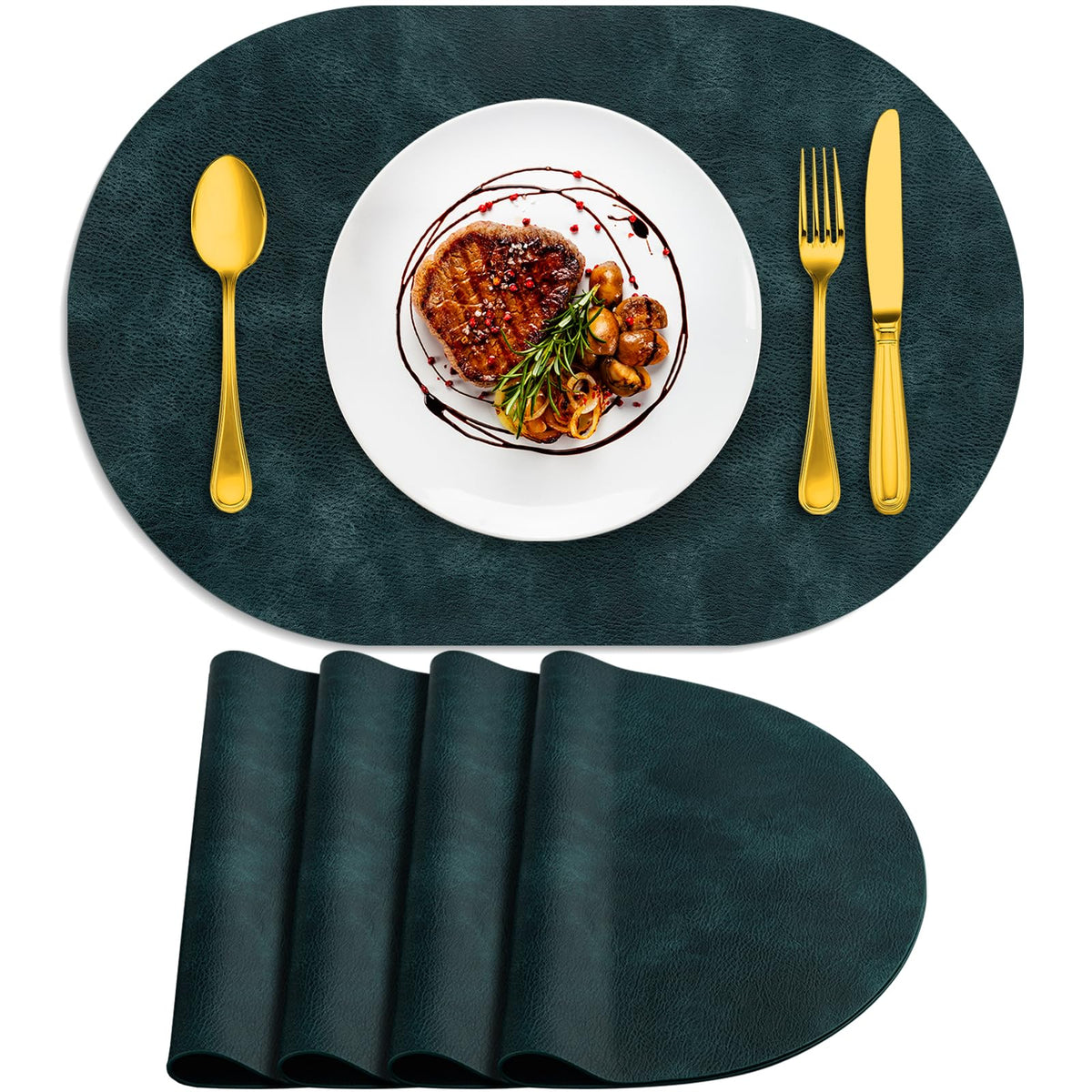 ADRIMER Oval Placemats Set of 4, Wipeable Faux Leather, 4 Colors