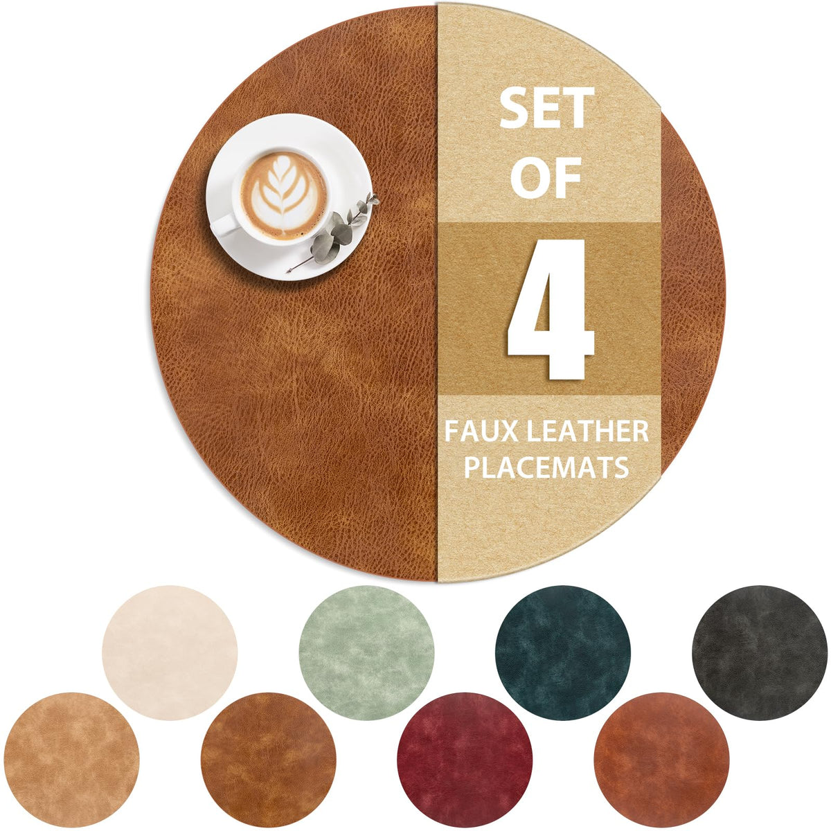ADRIMER Oval Placemats Set of 4, Wipeable Faux Leather, 4 Colors