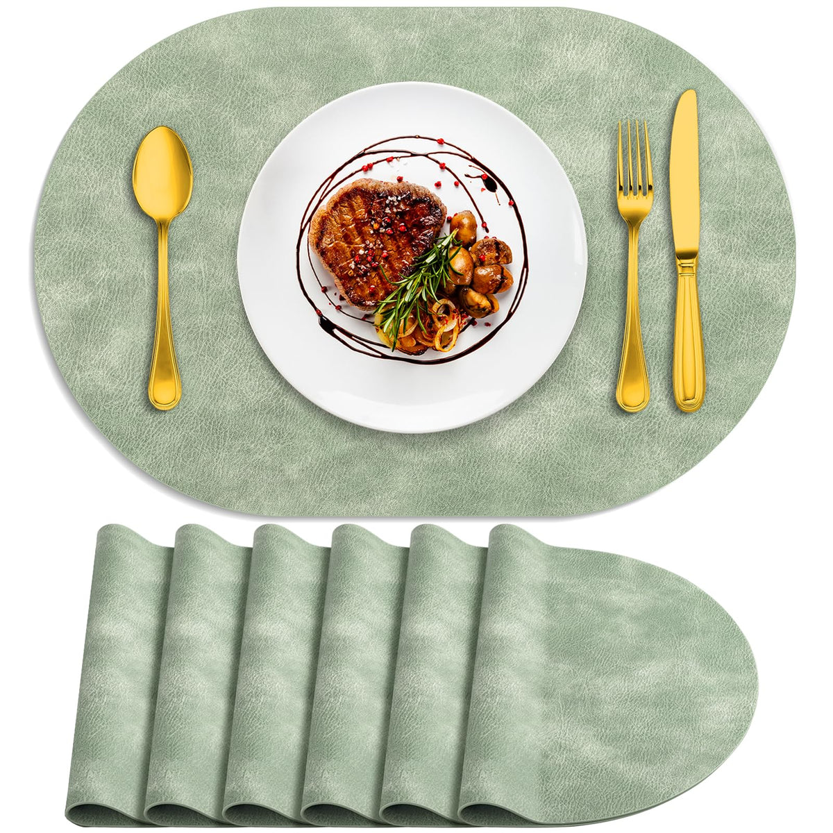 ADRIMER Oval Placemats Set of 4, Wipeable Faux Leather, 4 Colors