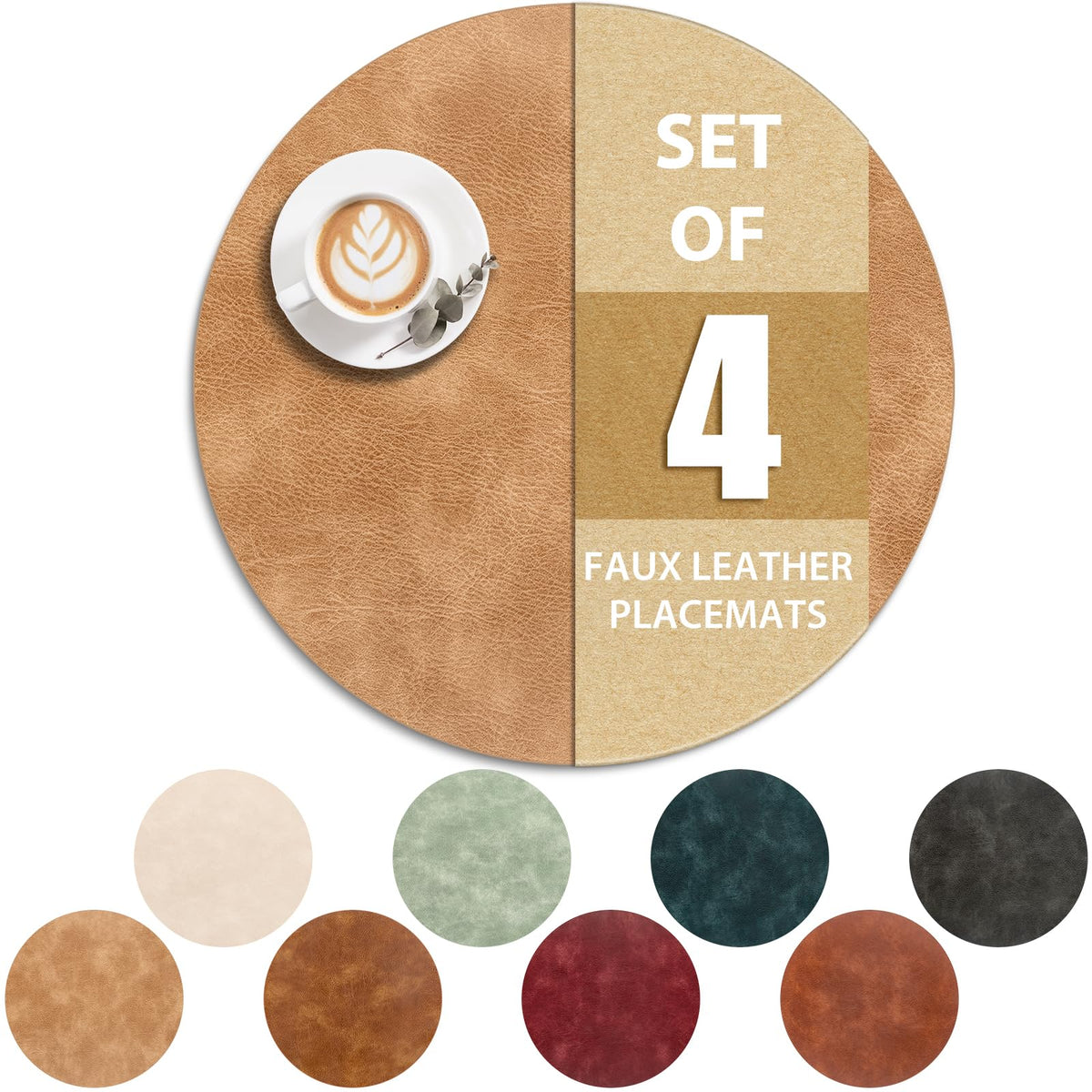 ADRIMER Oval Placemats Set of 4, Wipeable Faux Leather, 4 Colors