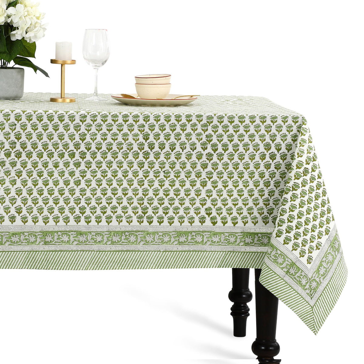 CPC Apatite Blue Block Print 100% Cotton Rectangle Tablecloth 60x60 Inch