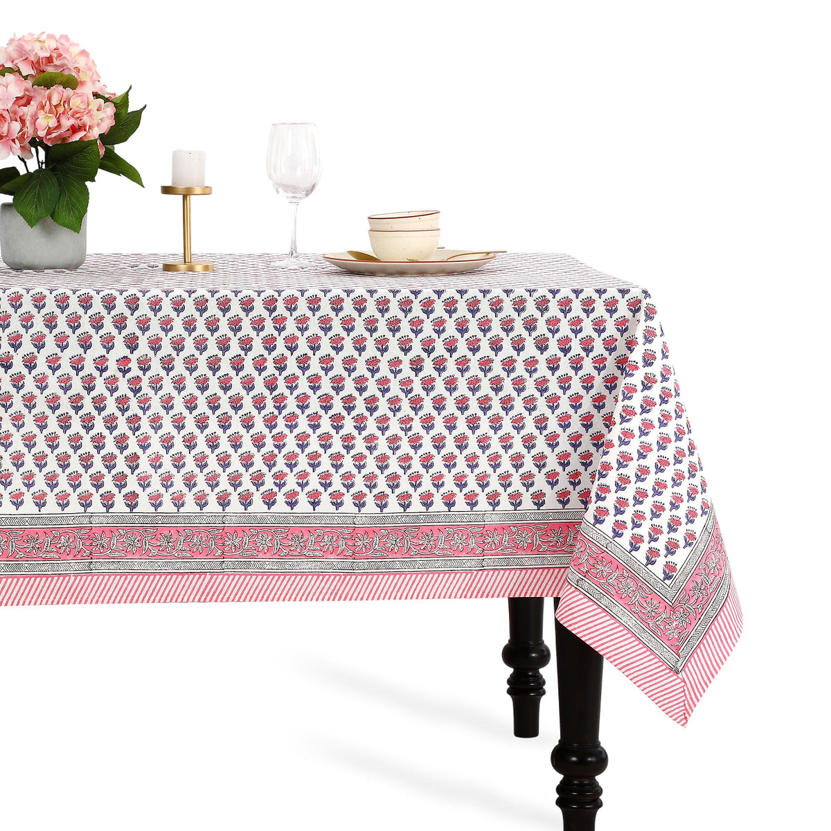 CPC Apatite Blue Block Print 100% Cotton Rectangle Tablecloth 60x60 Inch