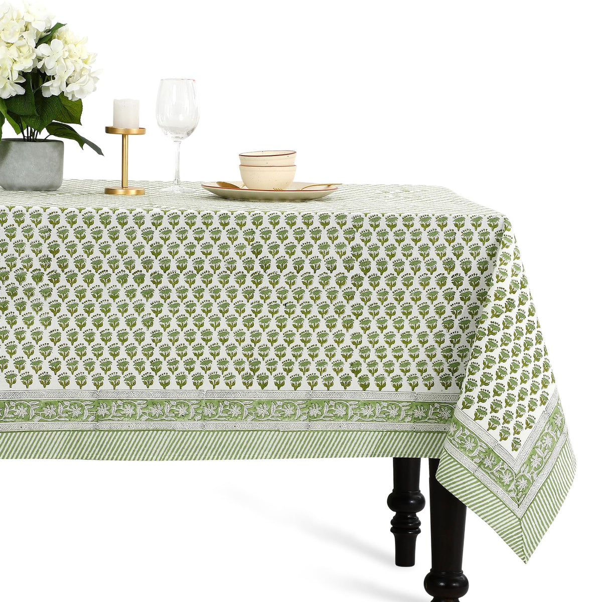 CPC Apatite Blue Block Print 100% Cotton Rectangle Tablecloth 60x60 Inch