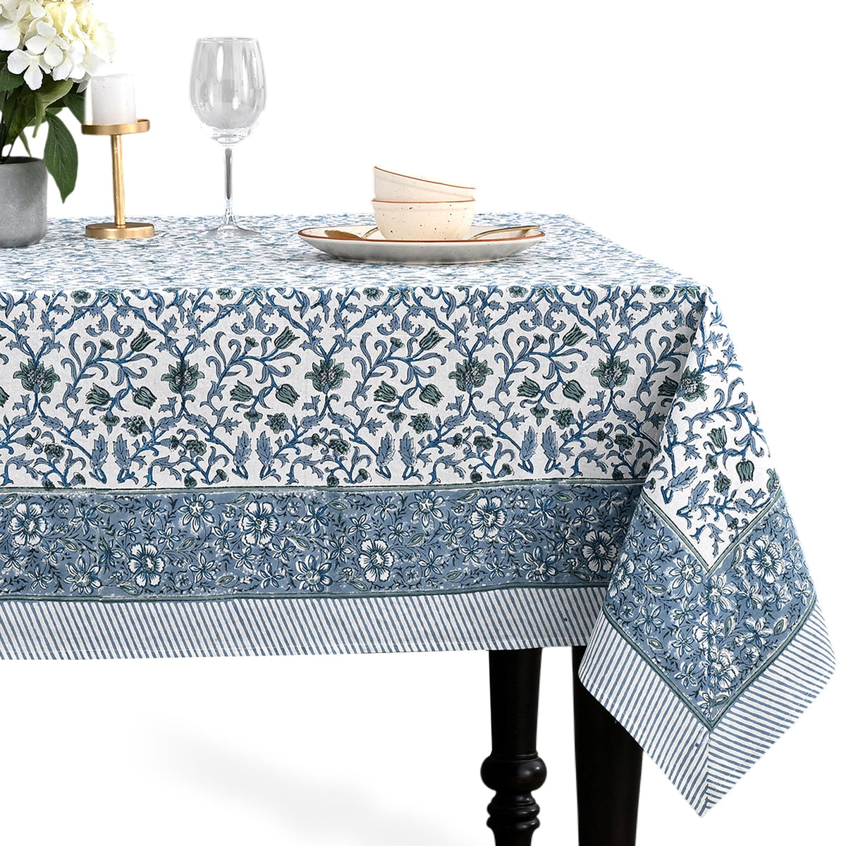 CPC Apatite Blue Block Print 100% Cotton Rectangle Tablecloth 60x60 Inch