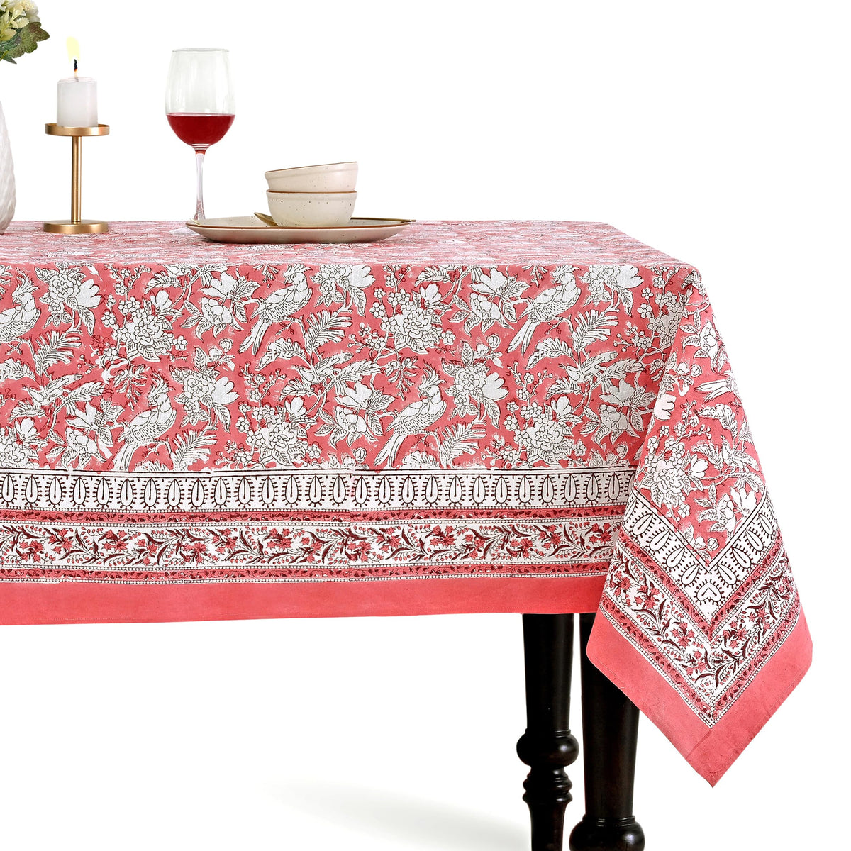 CPC Apatite Blue Block Print 100% Cotton Rectangle Tablecloth 60x60 Inch