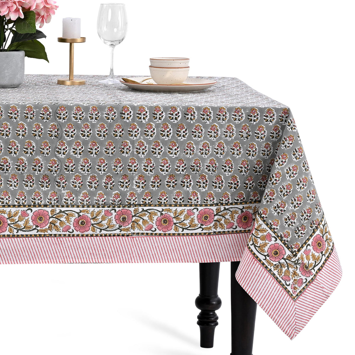 CPC Apatite Blue Block Print 100% Cotton Rectangle Tablecloth 60x60 Inch