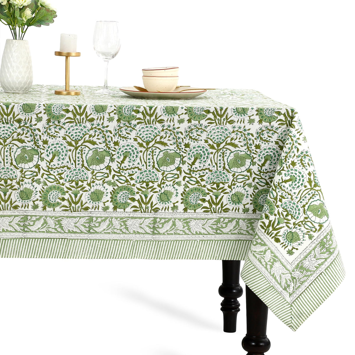 CPC Apatite Blue Block Print 100% Cotton Rectangle Tablecloth 60x60 Inch