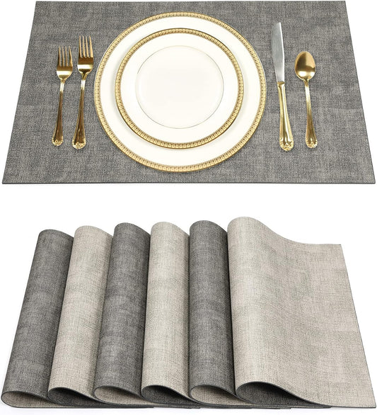 SUEH DESIGN Leather Placemats Table Mats Set of 6, Light Grey & Smoky Grey