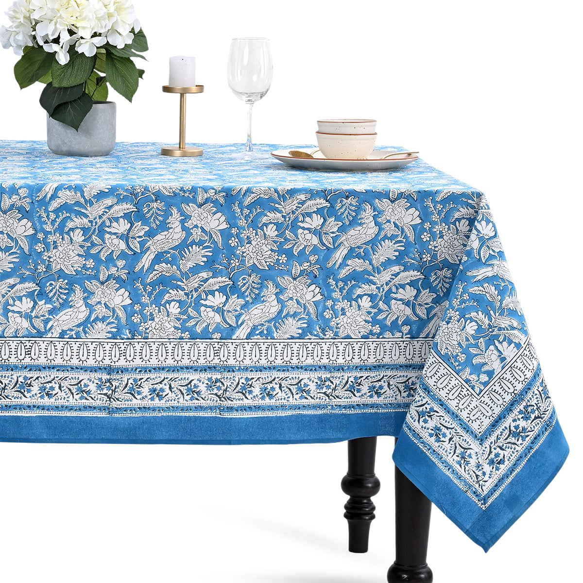 CPC Apatite Blue Block Print 100% Cotton Rectangle Tablecloth 60x60 Inch