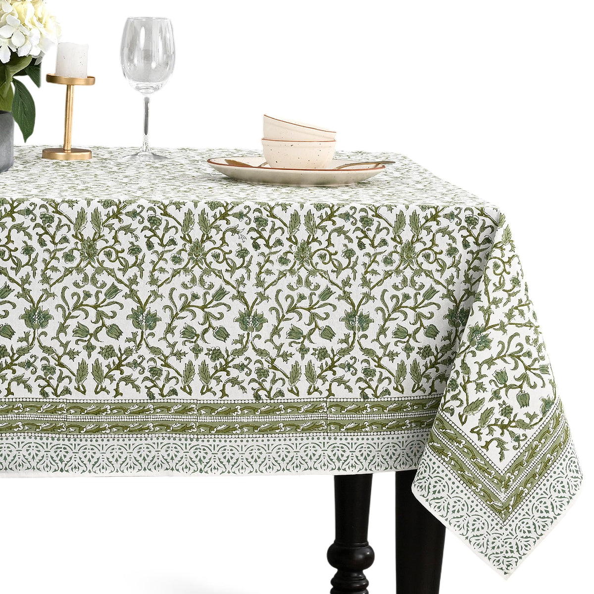 CPC Apatite Blue Block Print 100% Cotton Rectangle Tablecloth 60x60 Inch