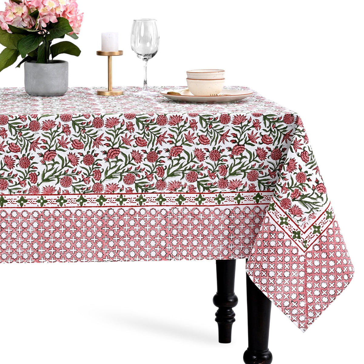 CPC Apatite Blue Block Print 100% Cotton Rectangle Tablecloth 60x60 Inch