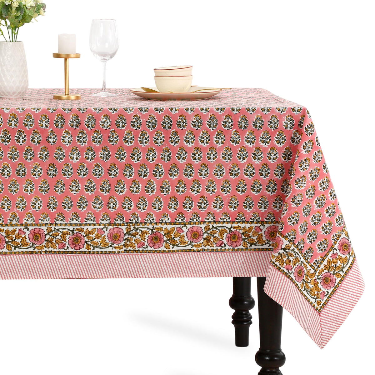 CPC Apatite Blue Block Print 100% Cotton Rectangle Tablecloth 60x60 Inch