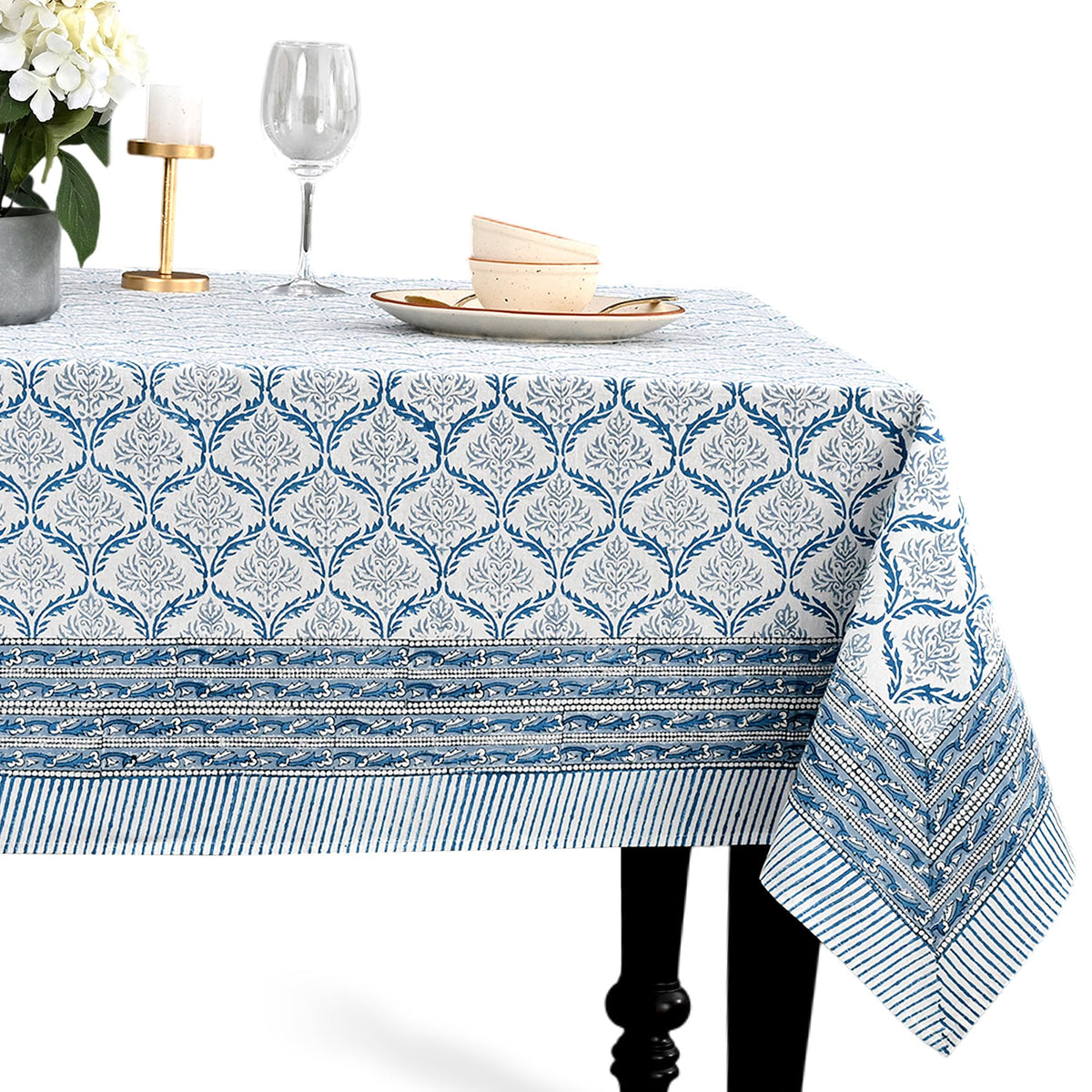 CPC Apatite Blue Block Print 100% Cotton Rectangle Tablecloth 60x60 Inch