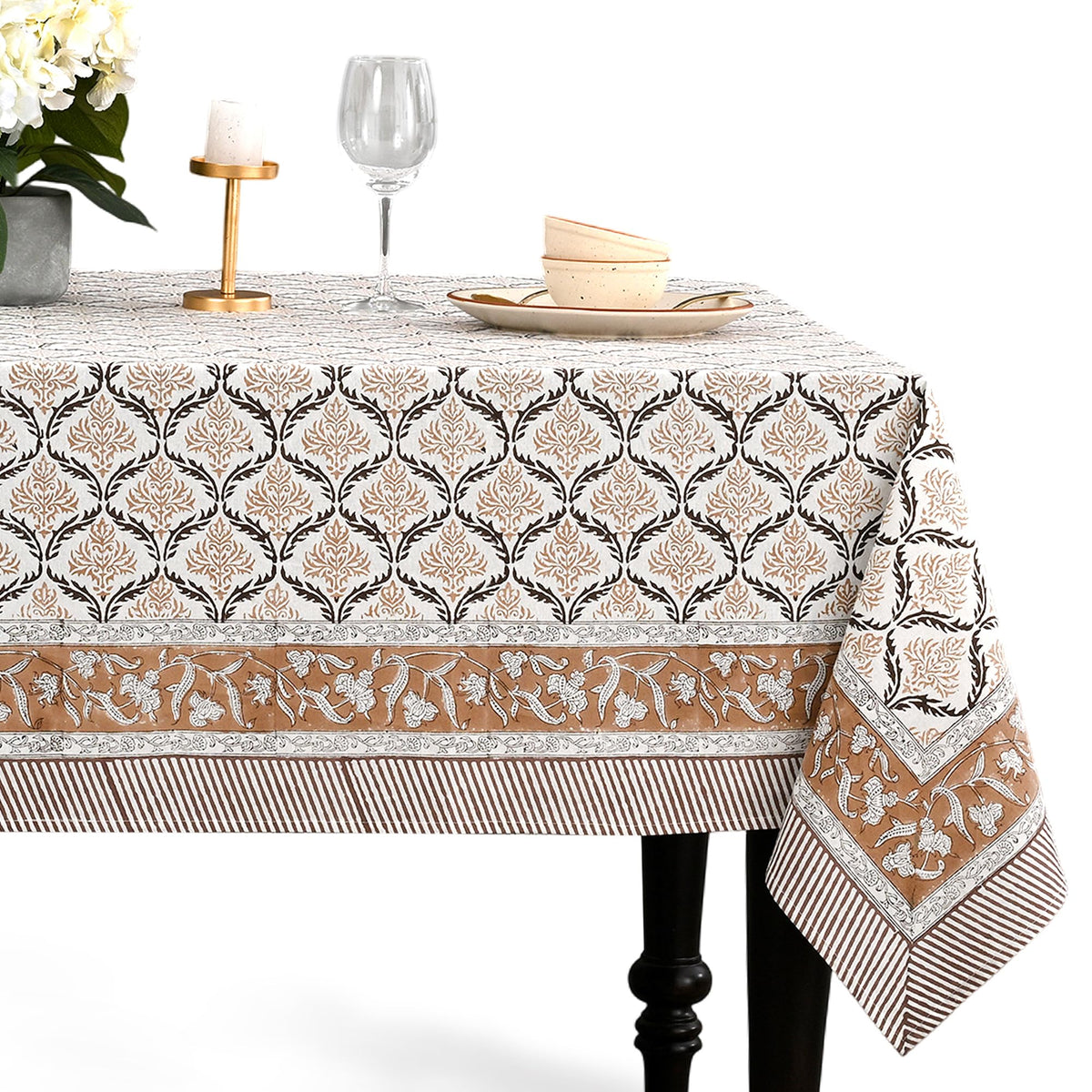 CPC Apatite Blue Block Print 100% Cotton Rectangle Tablecloth 60x60 Inch
