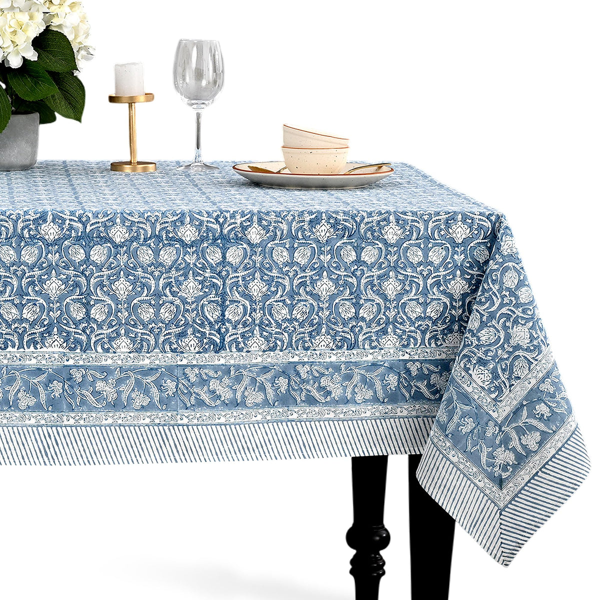 CPC Apatite Blue Block Print 100% Cotton Rectangle Tablecloth 60x60 Inch