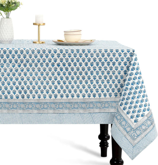 CPC Apatite Blue Block Print 100% Cotton Rectangle Tablecloth 60x60 Inch