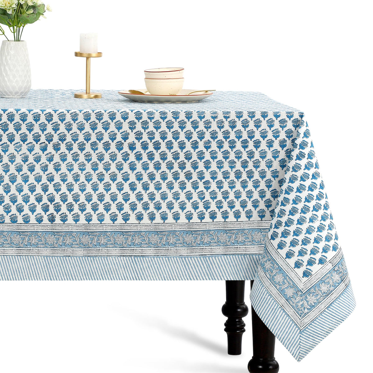 CPC Apatite Blue Block Print 100% Cotton Rectangle Tablecloth 60x60 Inch