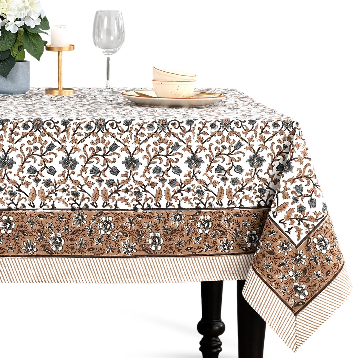 CPC Apatite Blue Block Print 100% Cotton Rectangle Tablecloth 60x60 Inch