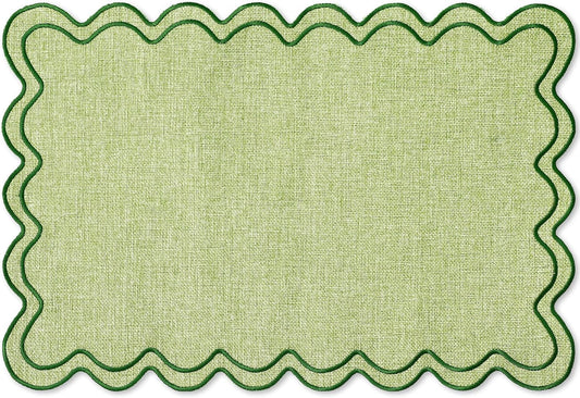 Whaline Sage Green Placemats Embroidered Scalloped Boho Kitchen Place Mats for Wedding Bridal Baby Shower Jungle Theme Party Home Dining Table Decor, Set of 6, 13 x 19 in