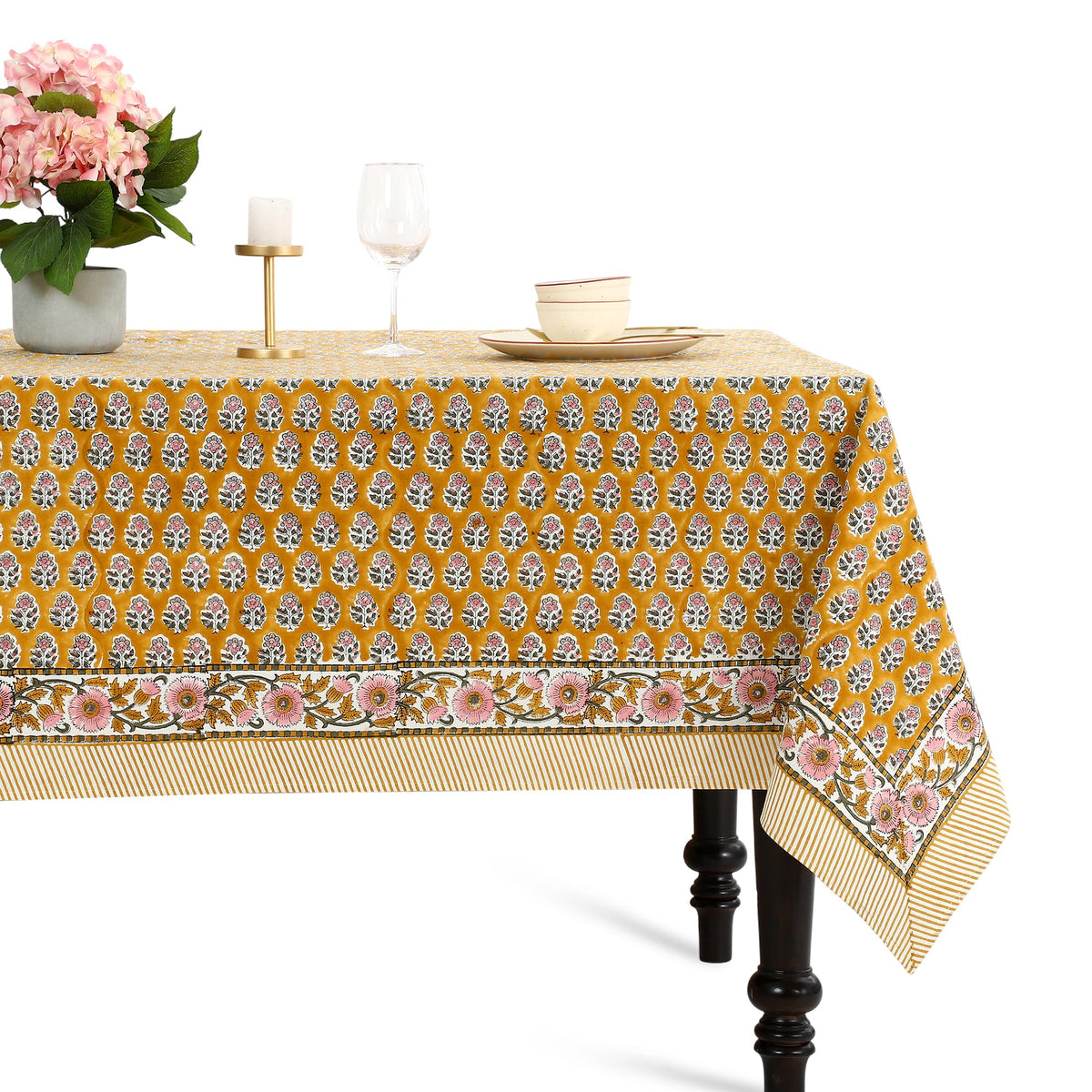 CPC Apatite Blue Block Print 100% Cotton Rectangle Tablecloth 60x60 Inch