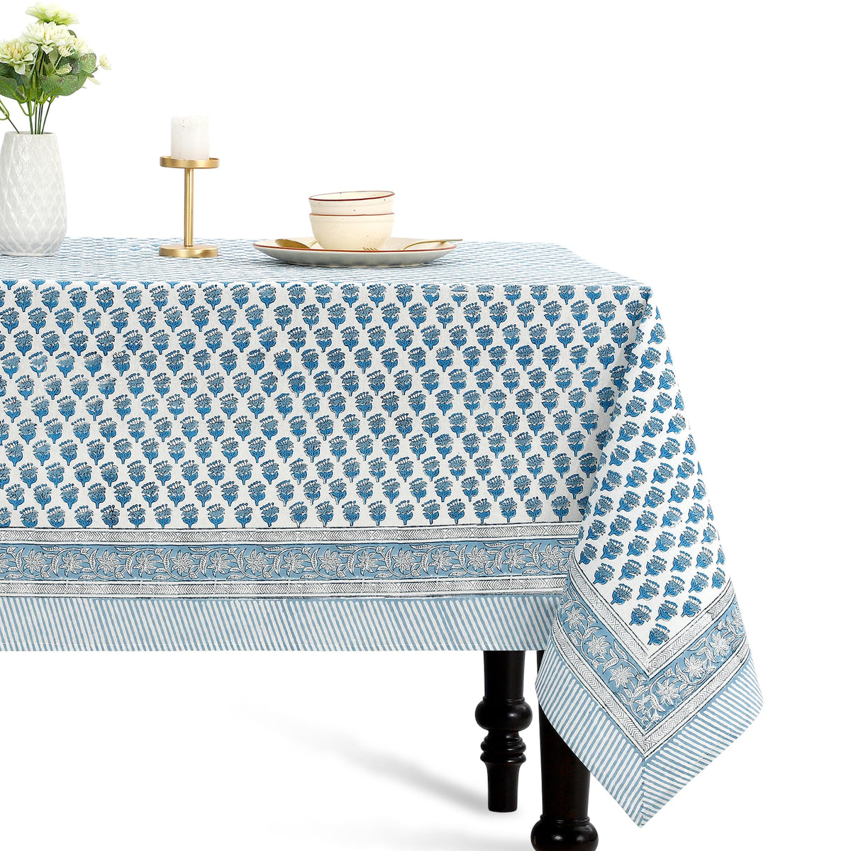CPC Apatite Blue Block Print 100% Cotton Rectangle Tablecloth 60x60 Inch