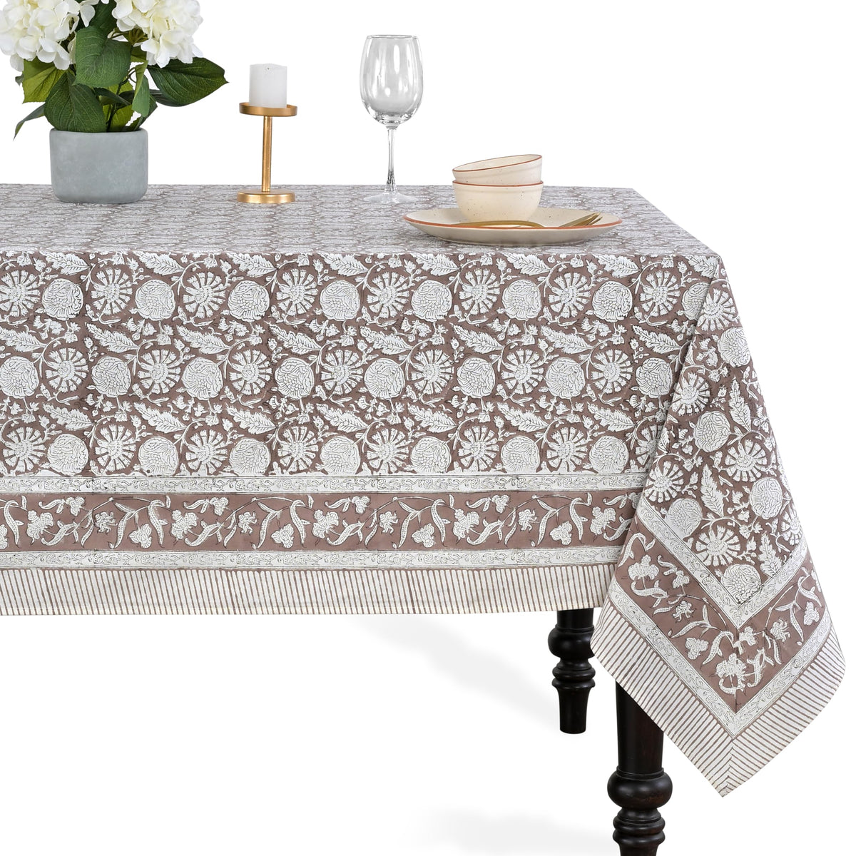 CPC Apatite Blue Block Print 100% Cotton Rectangle Tablecloth 60x60 Inch